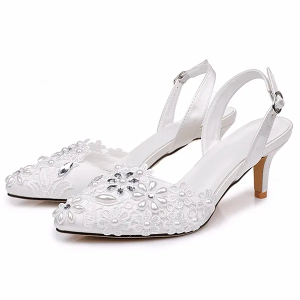 Elegant White Pearl Lace Flower Wedding Shoes 2026 6 cm Stiletto Heels Pointed Toe Wedding High Heels