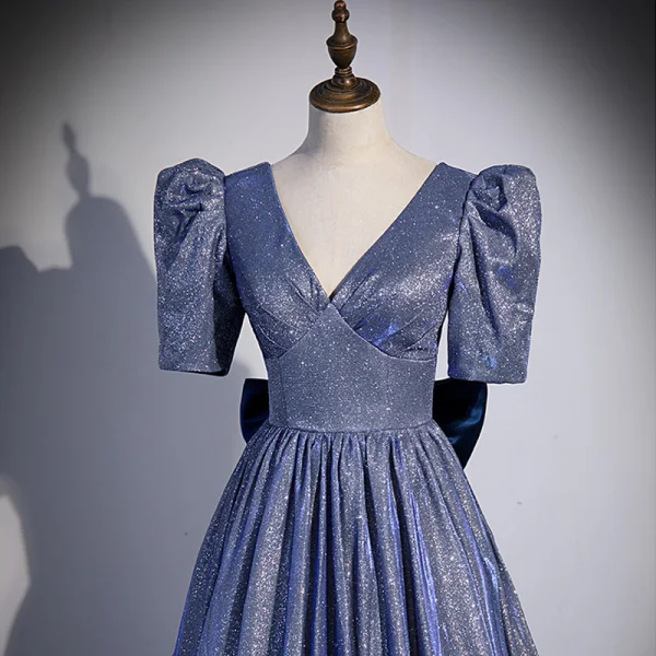 Sparkly Ocean Blue Glitter Evening Dresses 2022 A-Line / Princess V-Neck Short Sleeve Backless Bow Sweep Train Evening Party Formal Dresses