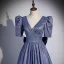 Sparkly Ocean Blue Glitter Evening Dresses 2022 A-Line / Princess V-Neck Short Sleeve Backless Bow Sweep Train Evening Party Formal Dresses