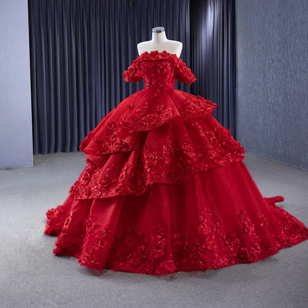 High-end Burgundy Glitter Pearl Appliques Cascading Ruffles Prom Dresses 2023 Ball Gown Off-The-Shoulder Sleeveless Backless Court Train Prom Formal Dresses