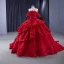 High-end Burgundy Glitter Pearl Appliques Cascading Ruffles Prom Dresses 2023 Ball Gown Off-The-Shoulder Sleeveless Backless Court Train Prom Formal Dresses