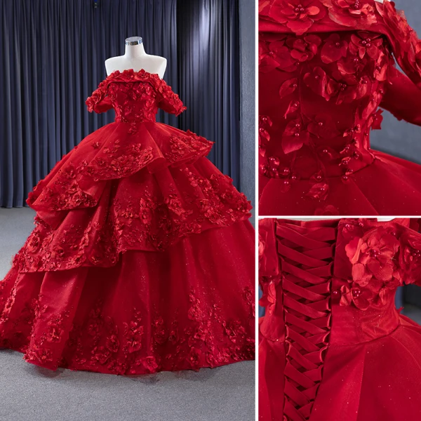 High-end Burgundy Glitter Pearl Appliques Cascading Ruffles Prom Dresses 2023 Ball Gown Off-The-Shoulder Sleeveless Backless Court Train Prom Formal Dresses