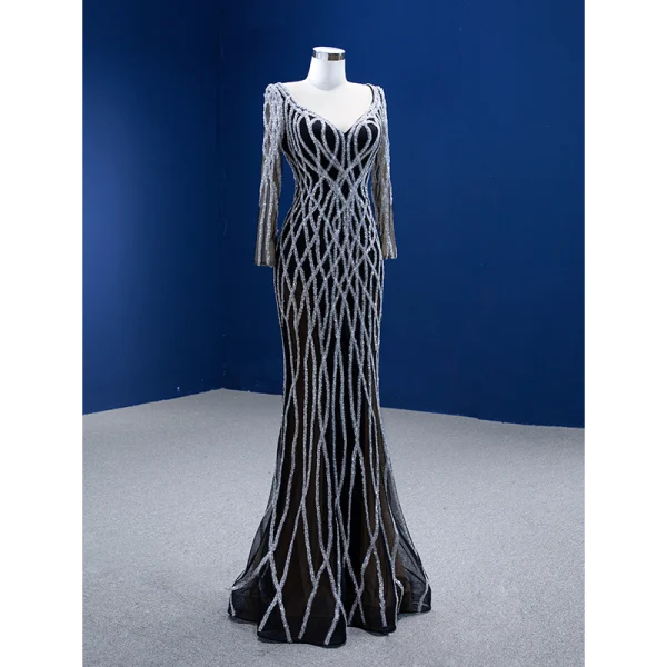 High-end Black Handmade  Beading Sequins Evening Dresses 2022 Trumpet / Mermaid V-Neck Long Sleeve Floor-Length / Long Evening Party Formal Dresses