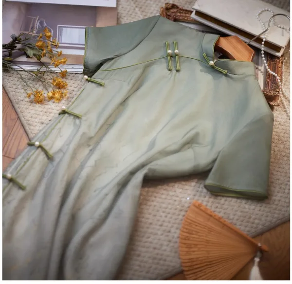 Chinese style Sage Green Gradient-Color Cheongsam 2024 Trumpet / Mermaid High Neck Short Sleeve Tea-length