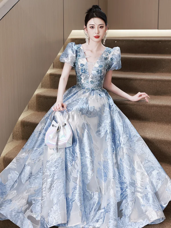 Mode Charmant Bleu Ciel Perlage Perle Paillettes En Dentelle Fleur Robe De Bal 2023 Princesse V-Cou Manches Courtes Dos Nu Longue