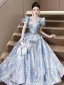 Mode Charmant Bleu Ciel Perlage Perle Paillettes En Dentelle Fleur Robe De Bal 2023 Princesse V-Cou Manches Courtes Dos Nu Longue