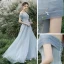 Modest / Simple Sky Blue Glitter Prom Dresses 2022 A-Line / Princess Off-The-Shoulder Short Sleeve Backless Floor-Length / Long Prom Formal Dresses