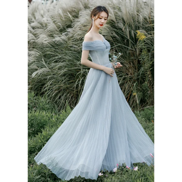 Modest / Simple Sky Blue Glitter Prom Dresses 2022 A-Line / Princess Off-The-Shoulder Short Sleeve Backless Floor-Length / Long Prom Formal Dresses