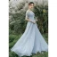 Modest / Simple Sky Blue Glitter Prom Dresses 2022 A-Line / Princess Off-The-Shoulder Short Sleeve Backless Floor-Length / Long Prom Formal Dresses
