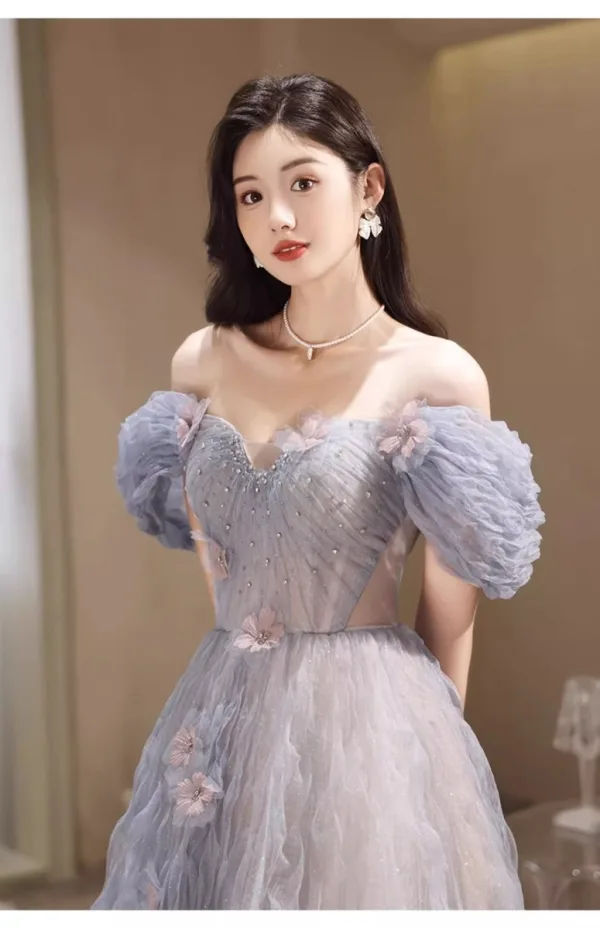 Chic / Beautiful Sky Blue Glitter Beading Appliques Prom Dresses 2023 A-Line / Princess Off-The-Shoulder Short Sleeve Backless Floor-Length / Long Prom Formal Dresses