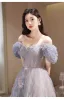 Chic / Beautiful Sky Blue Glitter Beading Appliques Prom Dresses 2023 A-Line / Princess Off-The-Shoulder Short Sleeve Backless Floor-Length / Long Prom Formal Dresses