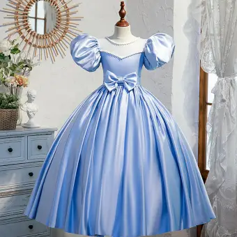 Élégant Bleu Ciel Anniversaire Robe Ceremonie Fille 2022 Robe Boule Perle Encolure Dégagée Gonflée Manches Courtes Ceinture Noeud Longue Robe Ceremonie Fille