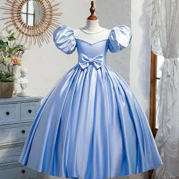 Élégant Bleu Ciel Anniversaire Robe Ceremonie Fille 2022 Robe Boule Perle Encolure Dégagée Gonflée Manches Courtes Ceinture Noeud Longue Robe Ceremonie Fille