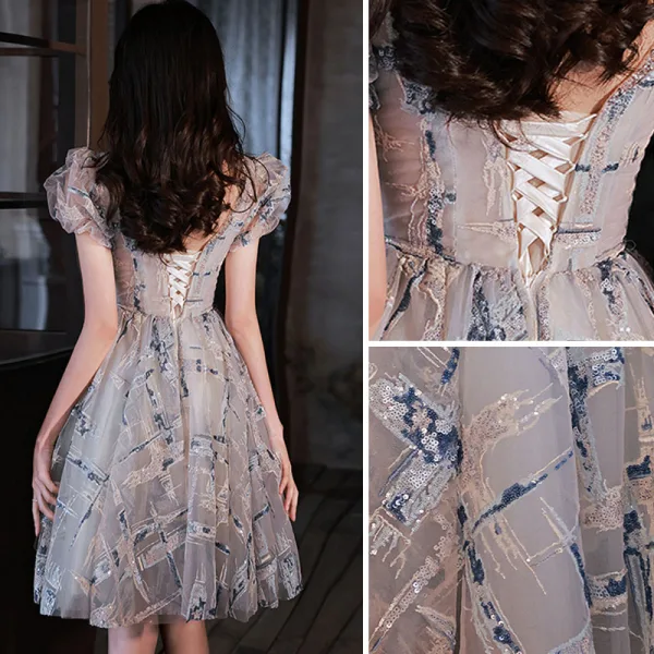 Charming Grey Beading Sequins Party Dresses 2022 A-Line / Princess V-Neck Short Sleeve Backless Knee-Length Formal Dresses