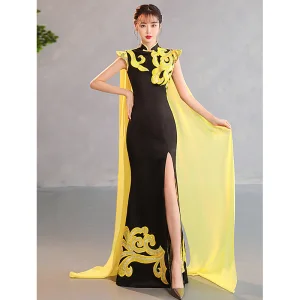 Chinese Style Black Gold Sequins Evening Party Cheongsam 2023 Trumpet Mermaid High Neck Sleeveless Split Front Floor Length Long Cheongsam Qipao