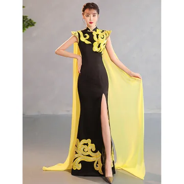 Chinese Style Black Gold Sequins Evening Party Cheongsam 2023 Trumpet Mermaid High Neck Sleeveless Split Front Floor Length Long Cheongsam Qipao