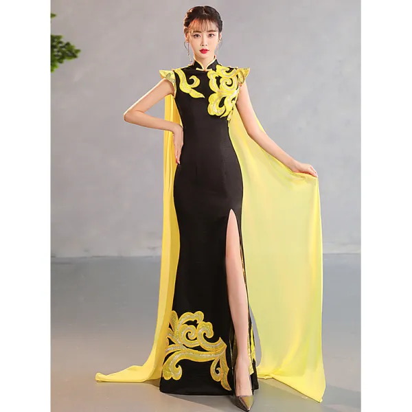 Chinese style Black Gold Sequins Evening Party Cheongsam 2023 Trumpet / Mermaid High Neck Sleeveless Split Front Floor-Length / Long Cheongsam / Qipao