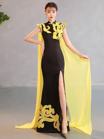 Chinese Style Black Gold Lace Flower Evening Party Split Front Cheongsam 2025 Trumpet Mermaid High Neck Sleeveless Floor Length Long Cheongsam Qipao