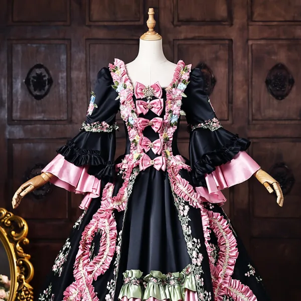 Medieval Vintage / Retro Black Bow Lace Flower Prom Dresses 2026 Ball Gown Square Neckline Bell sleeves Floor-Length / Long Formal Dresses