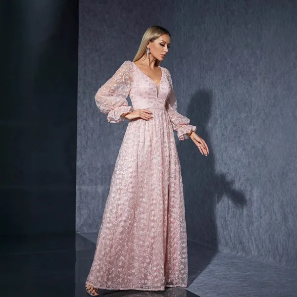 Chic / Beautiful Blushing Pink Lace Flower Split Front Prom Dresses 2025 A-Line / Princess V-Neck Long Sleeve Backless Floor-Length / Long Prom Formal Dresses