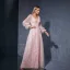 Chic / Beautiful Blushing Pink Lace Flower Split Front Prom Dresses 2025 A-Line / Princess V-Neck Long Sleeve Backless Floor-Length / Long Prom Formal Dresses