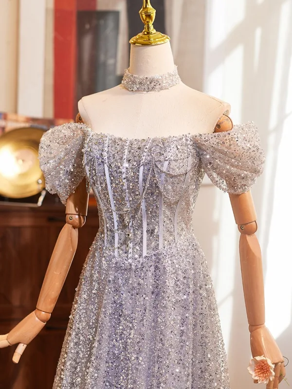 Charming Silver Grey Beading Sequins Prom Dresses 2024 A-Line / Princess Off-The-Shoulder Short Sleeve Backless Floor-Length / Long Prom Formal Dresses