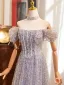 Charming Silver Grey Beading Sequins Prom Dresses 2024 A-Line / Princess Off-The-Shoulder Short Sleeve Backless Floor-Length / Long Prom Formal Dresses