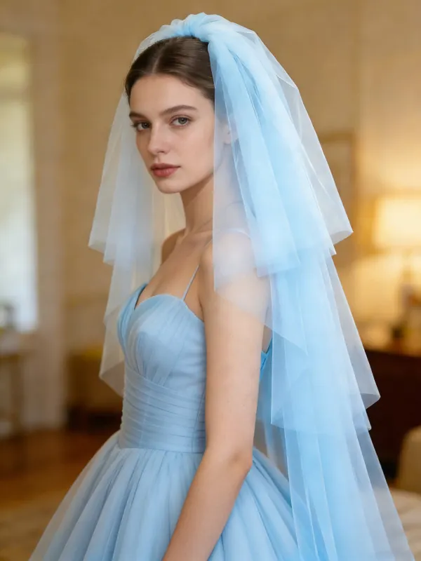 Simple Bleu Ciel Tulle Train De Balayage Voile De Mariée 2026
