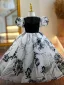 Chic / Beautiful Black Pearl Rhinestone Birthday Flower Girl Dresses 2023 Ball Gown Scoop Neck Puffy Short Sleeve Floor-Length / Long