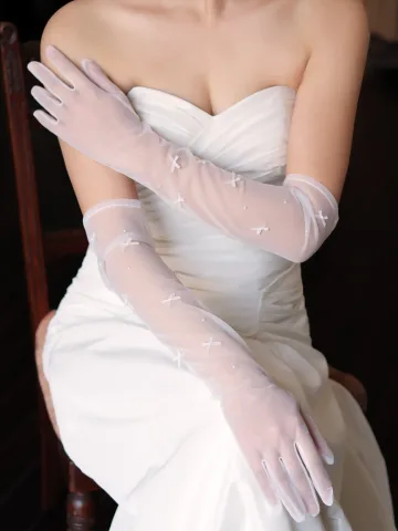 Elegant White Bow Wedding Bridal Gloves 2025 Tulle