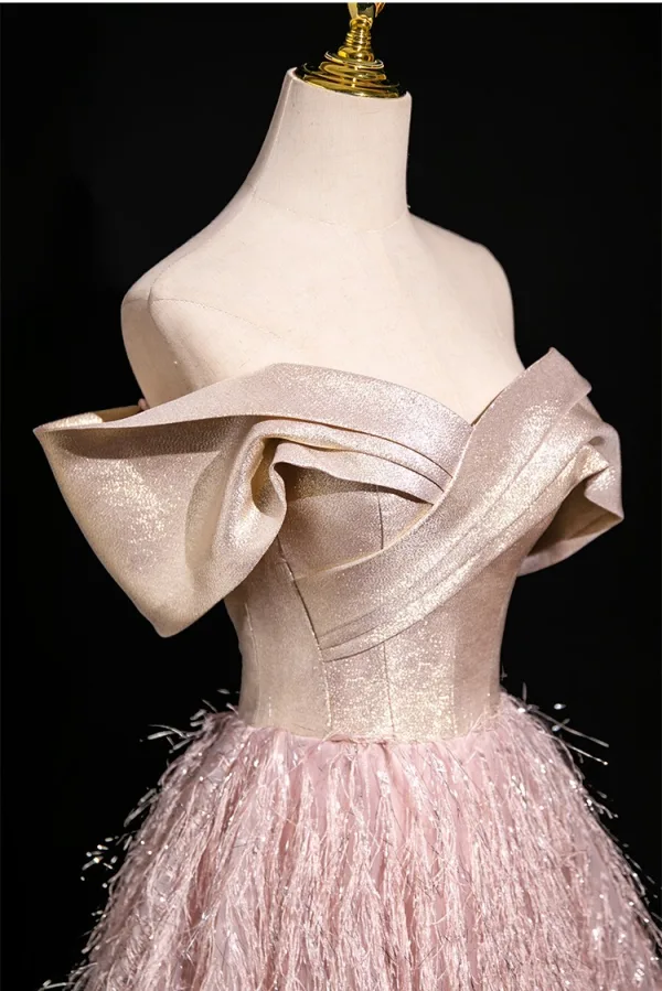 Fashion Blushing Pink Glitter Tassel Prom Dresses 2025 Ball Gown Off-The-Shoulder Short Sleeve Backless Floor-Length / Long Prom Formal Dresses