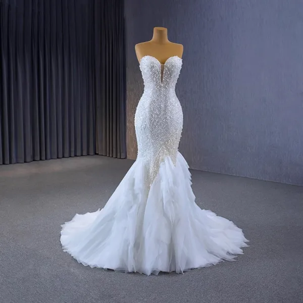 Haut de Gamme Charmant Blanche Perlage Perle Paillettes Robe De Mariée 2023 Trompette / Sirène Bustier Sans Manches Dos Nu Train De Balayage Mariage