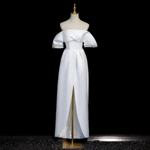 Vintage Retro Modest Simple White Satin Asymmetrical Prom Dresses 2023 Off The Shoulder Short Sleeve Backless Prom Formal Dresses
