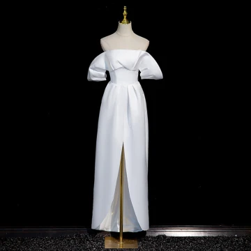 Vintage Originale Simple Blanche Satin Asymétrique Robe De Bal 2023 De L Épaule Manches Courtes Dos Nu Promo Robe De Ceremonie