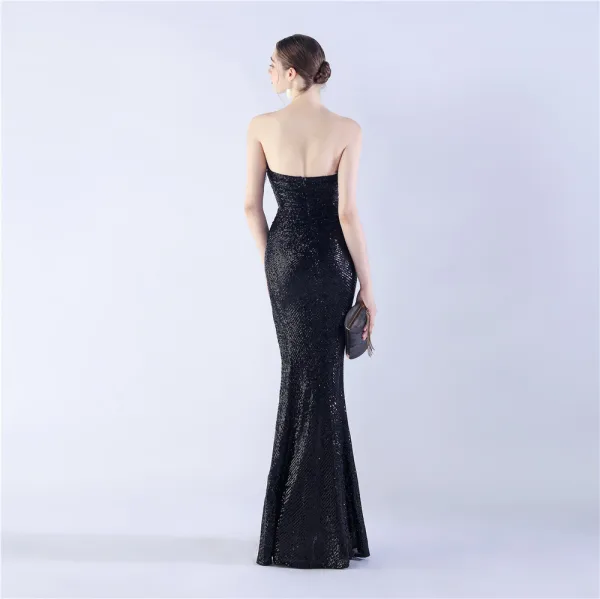 Sexy Black Sequins Evening Dresses 2024 Trumpet / Mermaid Strapless Tassel Sleeveless Backless Floor-Length / Long Evening Party Formal Dresses
