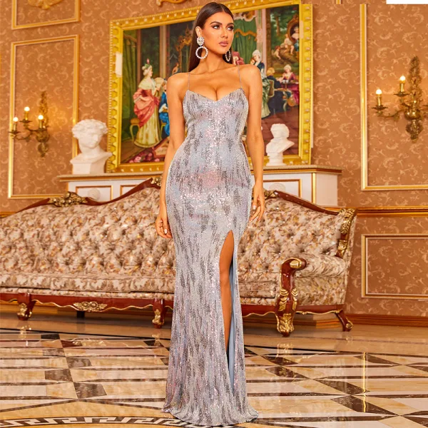 Sexy Gris Paillettes Robe De Soirée 2022 Trompette / Sirène Bretelles Spaghetti Sans Manches Dos Nu Laçage Fendue devant Longue Soirée Robe De Ceremonie