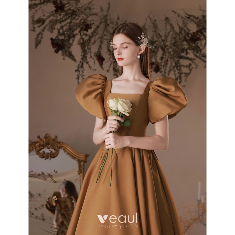 Vintage Retro Brown Satin Prom Dresses 2023 A-Line Princess Square Neckline Puffy Short Vintage Retro Brown Satin Prom Dresses 2023 A-Line Princess Square Neckline Puffy Short