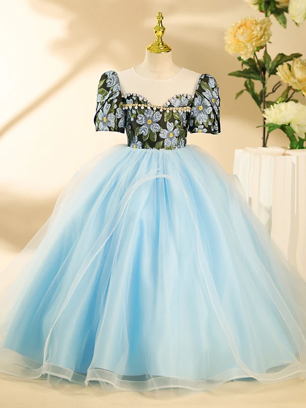 Chic / Beautiful Sky Blue Floral Pearl Rhinestone Birthday Flower Girl Dresses 2024 Ball Gown Scoop Neck Short Sleeve Backless Floor-Length / Long