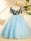 Chic / Beautiful Sky Blue Floral Pearl Rhinestone Birthday Flower Girl Dresses 2024 Ball Gown Scoop Neck Short Sleeve Backless Floor-Length / Long