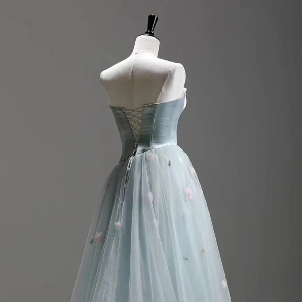 Chic / Beautiful Sky Blue Appliques Prom Dresses 2024 A-Line / Princess Strapless Sleeveless Backless Floor-Length / Long Prom Formal Dresses