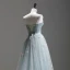 Chic / Beautiful Sky Blue Appliques Prom Dresses 2024 A-Line / Princess Strapless Sleeveless Backless Floor-Length / Long Prom Formal Dresses