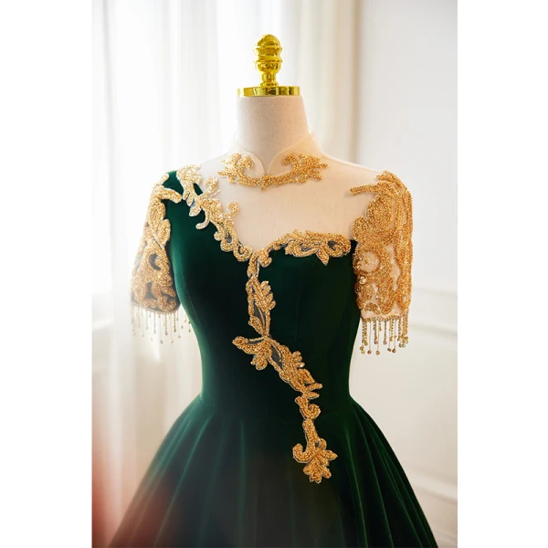 Vintage / Retro Dark Green Velvet Beading Rhinestone Tassel Prom Dresses 2023 A-Line / Princess High Neck Short Sleeve Backless Floor-Length / Long Formal Dresses