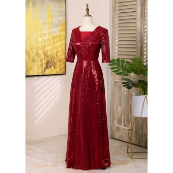 Vintage Originale Bordeaux Paillettes Robe De Bal 2024 Princesse Encolure Carrée 1 2 Manches Longue Promo Robe De Ceremonie