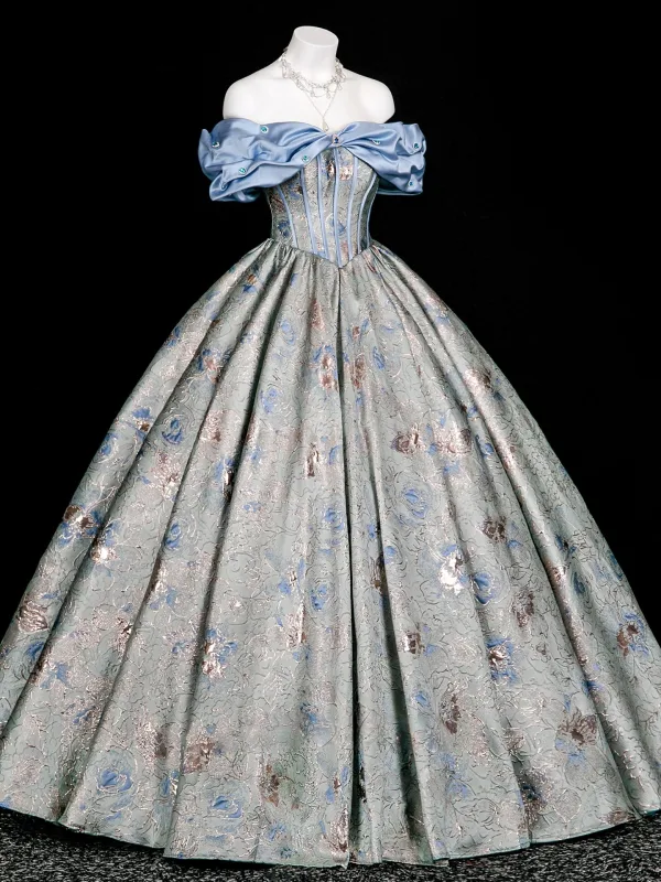 Vintage / Retro Pool Blue Rhinestone Printing Prom Dresses 2025 Ball Gown Off-The-Shoulder Short Sleeve Backless Floor-Length / Long Formal Dresses