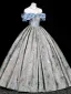 Vintage / Retro Pool Blue Rhinestone Printing Prom Dresses 2025 Ball Gown Off-The-Shoulder Short Sleeve Backless Floor-Length / Long Formal Dresses