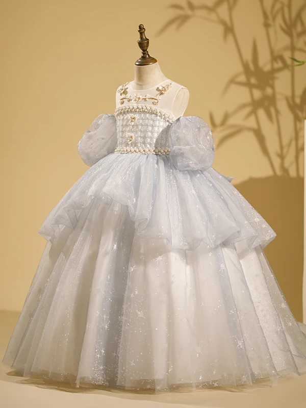 Chic / Beautiful Grey Beading Pearl Sequins Cascading Ruffles Birthday Flower Girl Dresses 2024 Ball Gown Scoop Neck Short Sleeve Backless Bow Floor-Length / Long