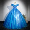 Cinderella Chic / Beautiful Pool Blue Butterfly Appliques Prom Dresses 2023 Ball Gown Ruffle Off-The-Shoulder Short Sleeve Backless Floor-Length / Long Prom Formal Dresses