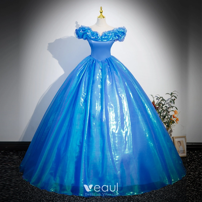 Cinderella Chic / Beautiful Pool Blue Butterfly Appliques Prom Dresses 2023  Ball Gown Ruffle Off-The-Shoulder Short Sleeve Backless Floor-Length / Long  Prom Formal Dresses