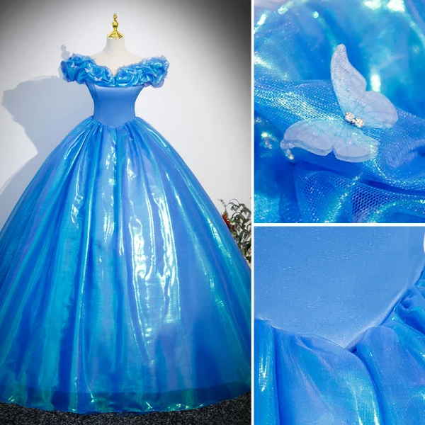 Cendrillon Chic / Belle Bleu Papillon Appliques Robe De Bal 2023 Robe Boule Volants De l'épaule Manches Courtes Dos Nu Longue Promo Robe De Ceremonie