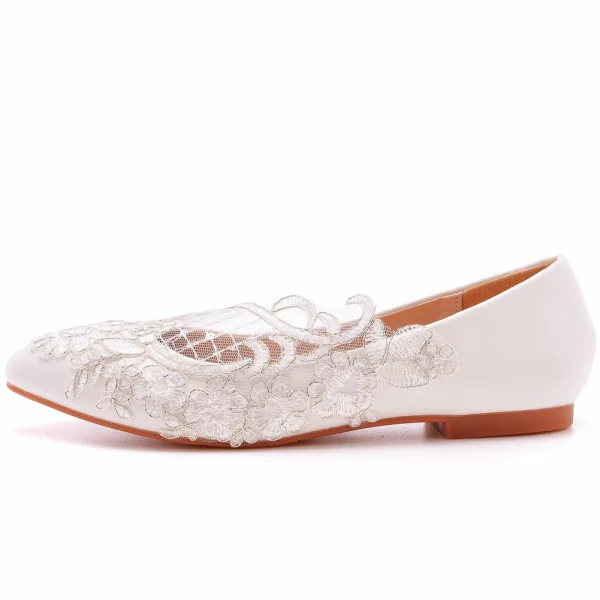 Élégant Blanche Paillettes En Dentelle Fleur Plate Chaussure De Mariée 2023 À Bout Pointu Mariage Talons